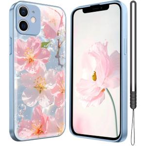 Flower Phone Case for iPhone 15 Pro Max, Delicate Floral Art Pattern Cover, Camera Lens Protector & Shockproof, Silicone Lanyard, Cute Slim & Lightweight for iPhone 15 Pro Max Case (Blue)