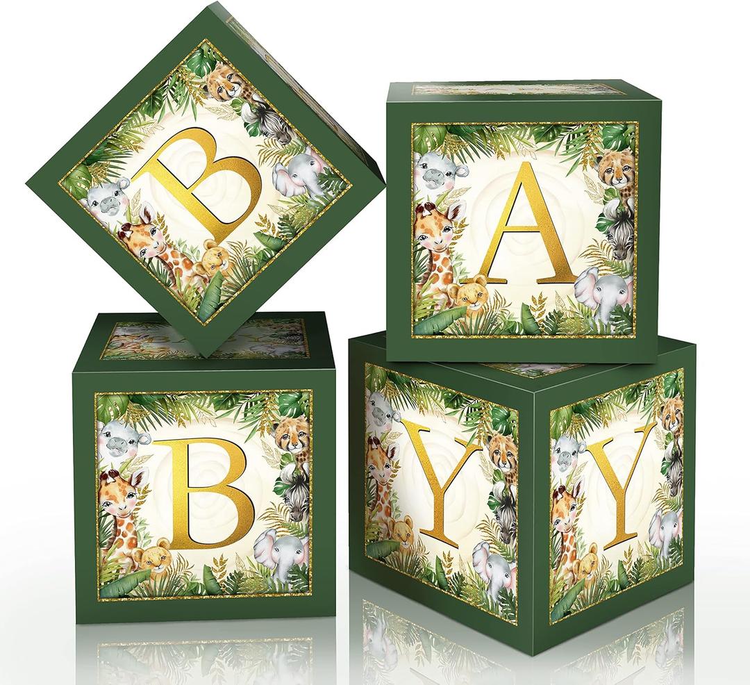 Jungle Safari Baby Boxes With Letters for Baby Shower Decorations - Animal Theme Decor Balloon Blocks for Safari Baby Shower, Gender Reveal, Birthday Party Supplies (Boy/Girl)