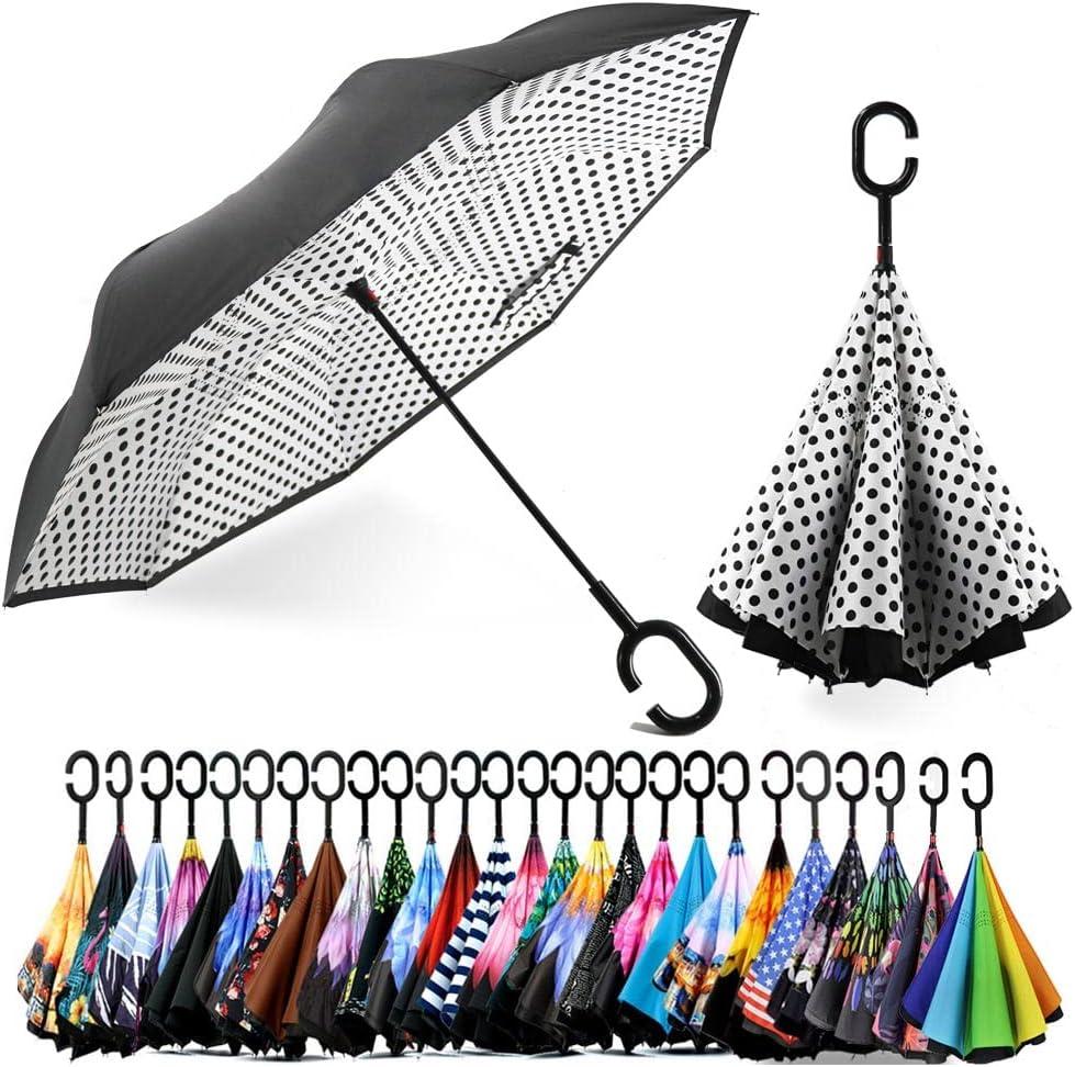SIEPASA 49/56 Inch Inverted Reverse Upside Down Umbrella, Extra Large Double Canopy Vented Windproof Waterproof Stick Golf Umbrellas with C-shape Handle.(White Dots, 49 Inch)