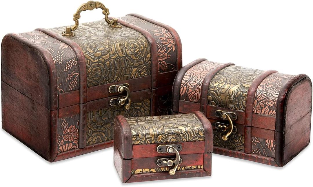Juvale Wooden Treasure Chest Set - 3 Nesting Boxes, Brown Floral - Decorative Storage & Jewelry Box with Hinged Lid, Vintage Antique Decor