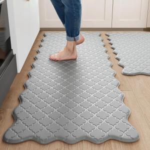 Arenarug Upgrade Scalloped Embossed Kitchen Mats for Floor 2PCS Cushioned Anti Fatigue Waterproof Foam Kitchen Rugs Non Slip Washable Comfort Standing Mat for Office Sink Laundry, Gray (17.3"x30"+17.3"x47", Basic Solid- Gray)