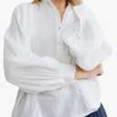 Womens White Ruffle Trim Muslin Blouse Long Raglan Balloon Sleeves Casual Button Tops, Size M