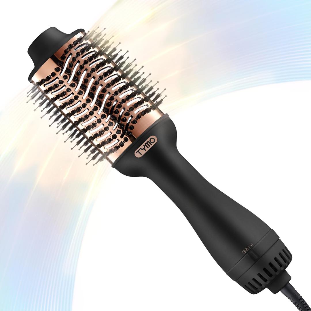 TYMO Thermal Brush Heated Round Brush - STYLUX Blowout Volumizer with Flexi-Fit Tech for Hair Straightening, Curling Styler Tool, Hair Straightener and Curler 2 in 1, Dual Voltage, Quick & Easy, Gold