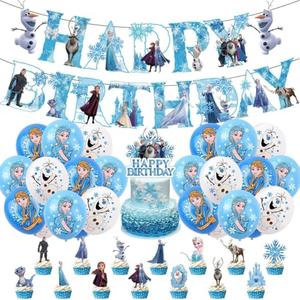 49 Psc For Frozen theme party setup, easy to assemble decorations, including children's DIY cake toppers and background cloth sets, perfect for children's birthday parties.
