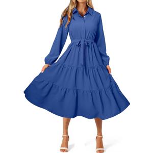 BerryGo Womens Long Sleeve Dresses 2026 Maxi Casual V Neck Belted Button Down Wedding Guest Shirt Dress with Pockets (Blue, L)
