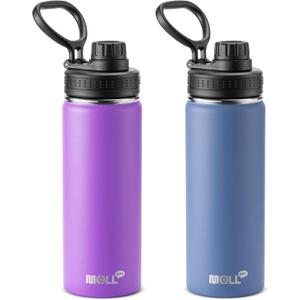 2 Pack 18 oz Water Bottle Stainless Steel Vacuum Insulated Wide Mouth Sports Water Bottle Flask with Leakproof Spout Lid (Royal Blue-Purple)