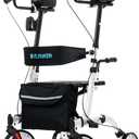ELENKER Upright Walker, Stand Up Folding Rollator Walker Back Erect Rolling Mobility Walking Aid with Seat, Padded Armrests for Seniors and Adults, White