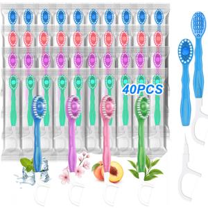 40 Pack 5-in-1 Disposable Toothbrushes with Toothpaste, Travel Toothbrush Set with Floss, Pick & Tongue Scraper, Individually Wrapped Mini Toothbrush for Adults, Work Camping - Mixed Flavor