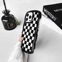 NITITOP Compatible with iPhone 16 Pro Case Cute Clear Curly Wavy Frame Shape Aesthetic Checkerboard Checkered Pattern for Women Girls Shockproof Soft TPU 2 in 1 Protective Phone Cover - Black