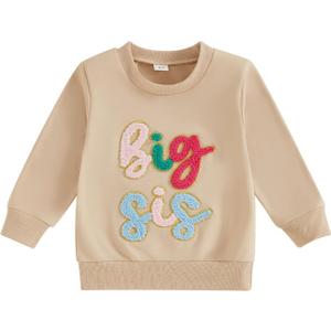 Toddler Girl Fall Clothes Big Sister Embroidery Sweatshirt Top Crewneck Pullovers Sweater Shirt Kids Winter Clothing (Beige)