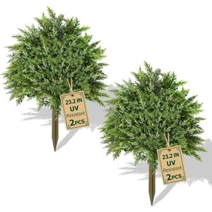 2 Pack Artificial Cedar Topiary Ball Trees, 23.2" UV-Resistant Fake Cypress Plants with Ground Spikes, Realistic Evergreen Artificial Topiary Cedar Bushes for Indoor/Outdoor Front Porch & Garden Decor