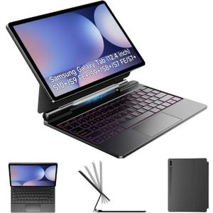 HOU Keyboard for Samsung Galaxy Tab S10+ Plus/S9+ Plus/S9 FE+ Plus/S8+ Plus/S7+ Plus/S7 FE 12.4" with Magnetic Case,Floating Cantilever,Multi-Function Trackpad,7 Colors Backlit,S Pen Holder,Black