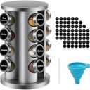360 Rotating Spice Rack with 16 Glass Jars  Stainless Steel Countertop Seasoning Organizer with Airtight Lids, Labels, Funnel & Gift Box  Kitchen Storage for Herbs & Spices