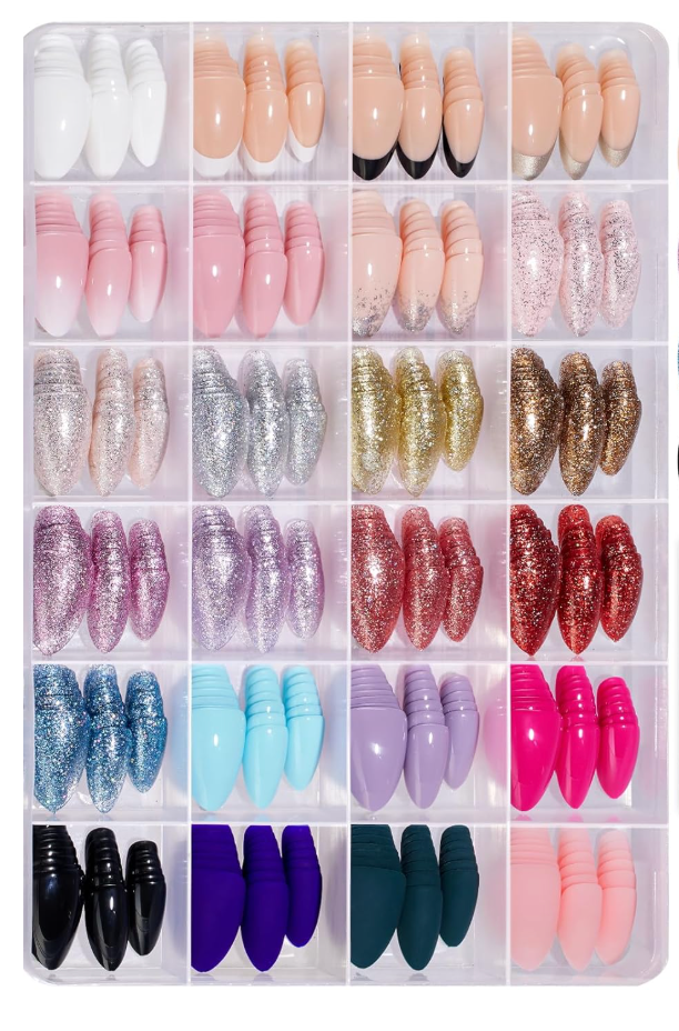 Beetles Press on Nails Kit- 720 Pcs Short Almond 24 Colors | 15 Sizes Glossy Matte Glitter with Nail Glue & Nail Tabs Stickers, Natural Fit Lightweight Fake Nails Kit Art for Women