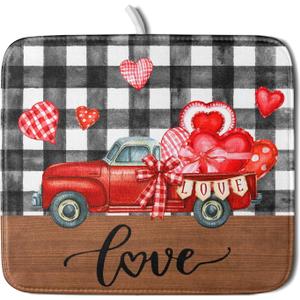 Valentine's Day Red Heart Truck Dish Drying Mat for Kitchen Counter, Black White Buffalo Plaid Love Drying Mat 16 x 18 Inch with Absorbent Reversible Microfiber Dish Drying Pad for Coffee Bar