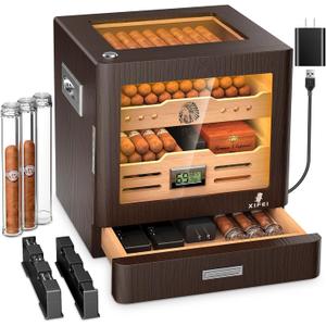 XIFEI Cigar Humidor Cabinet, Glass Top & Adjustable LED Lighting, Digital Hygrometer, 2 Humidifiers, Cigar Tube, Desktop Cedar Wood Humidor with Accessory Drawer for 80-100 Cigars, Ideal Men's Gift (Dark Brown)