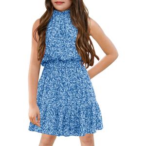 Floral Girls Dresses Age 5-14 Years Kids Summer Outfits Casual Halter Sleeveless Cute Short Sun Dresses (11-12 Years, Aa-blue)