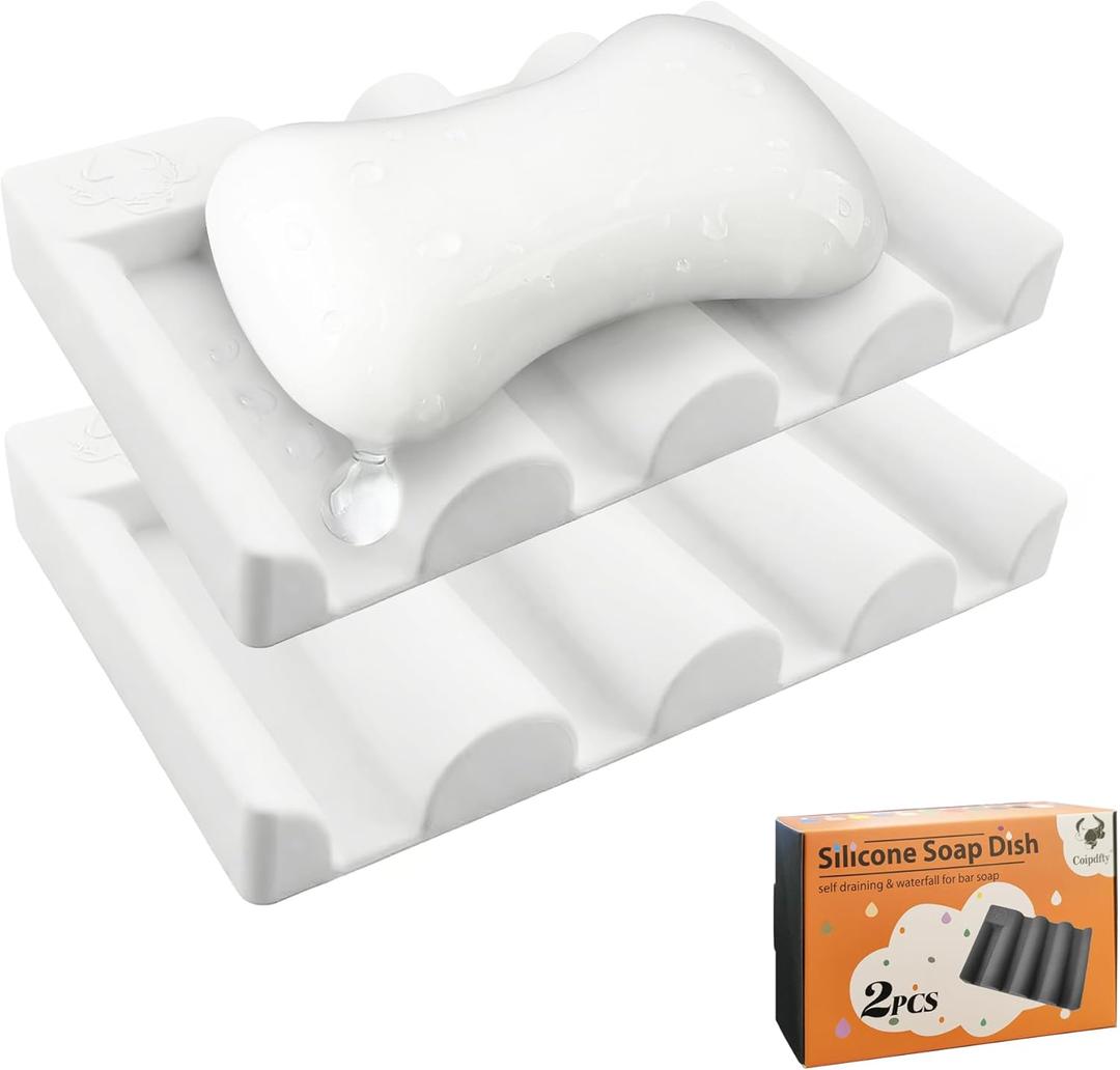 Silicone Soap Dish,Self Draining Soap Holder Perfect for Shower,Bathroom Sink,Kitchen Sink & Travel,Non-Slip Bar Soap Holder Extend Soap Life,Keep Soap Bars Dry & Easy Cleaning White-2Pcs