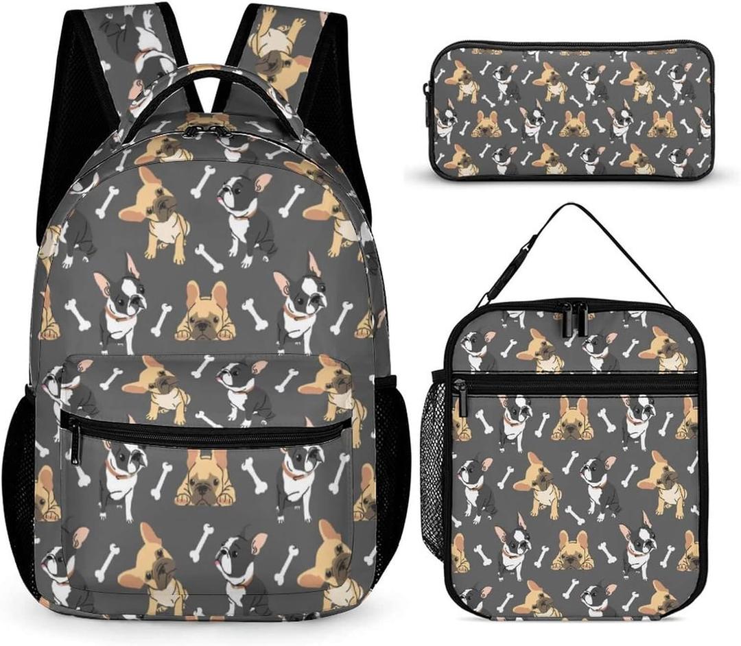 French Bulldog Backpack with Lunch Box & Pencil Case, 16 Inch Cute Dogs Themed Bookbag, Adjustable Lightweight, Colorful Backpacks Set for Kids Girls Boys