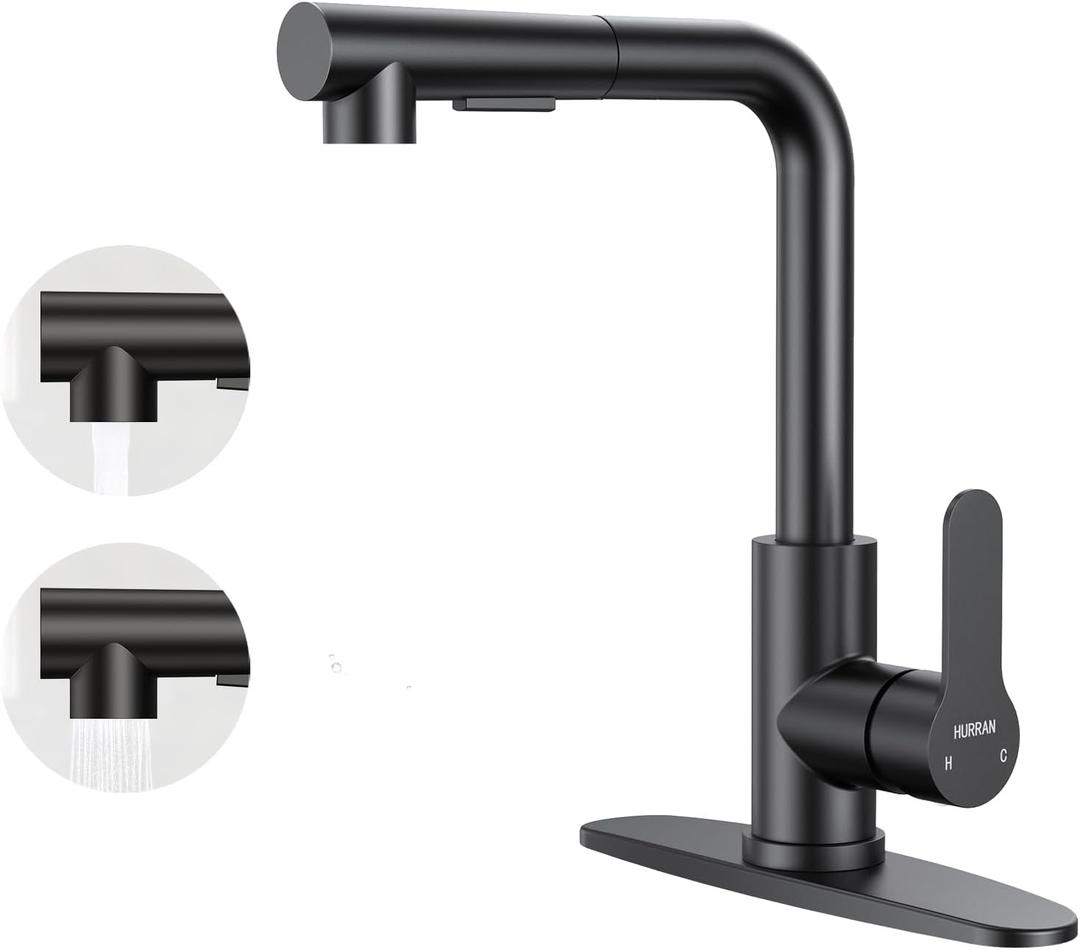 Kitchen Faucets, Kitchen Faucet with Pull Down Sprayer and Deck Plate, Stainless Steel Commercial Utility Kitchen Faucets for Sink 1-3 Hole for Bar Rv Camper Laundry Outdoor Farmhouse, Matte Black