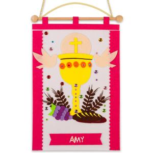 First Communion Banner Kit Girls 9 x 14 Inch First Holy Communion Banner kits Sunday School DIY Arts and Crafts kit for kids First Communion Gifts for Girls or Boys (Pink)