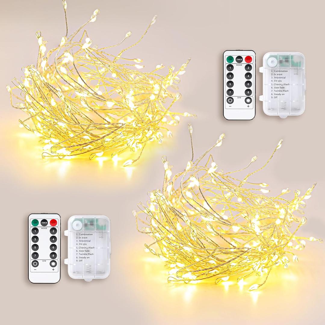 Firecracker Fairy String Lights 2 Pack 10 FT 120 LEDs, Warm White Battery Operated Twinkle Cluster Lights with Romte & 8 Modes, Waterproof for Mirror, Headboard, Table Decor, Wreath, Indoor Party