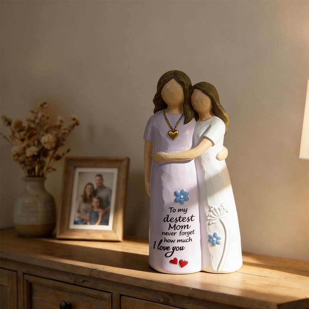 Hand-Painted Mother Daughter Embrace Resin Sculpture, Engraved I Love You,Perfect Birthday, Mother's Day, from Daughter,Heartwarming Home Decor Accent (Purple)