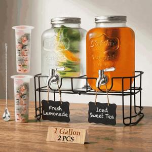 2-Pack 1-Gallon Glass Drink Dispensers with Heavy-Duty Wire Stand - 304 Stainless Steel Spigot & Mixing Spoon - 100% Leakproof Mason Jar Beverage Dispenser for Parties, Fridge, Kombucha - Wide Mouth
