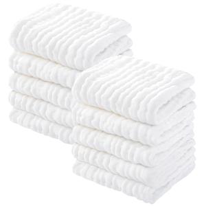 Yoofoss Muslin Baby Washcloths 100% Organic Cotton Face Towels 10 Pack Wash Cloths for Baby 12x12in Soft and Absorbent Baby Wipes (White)
