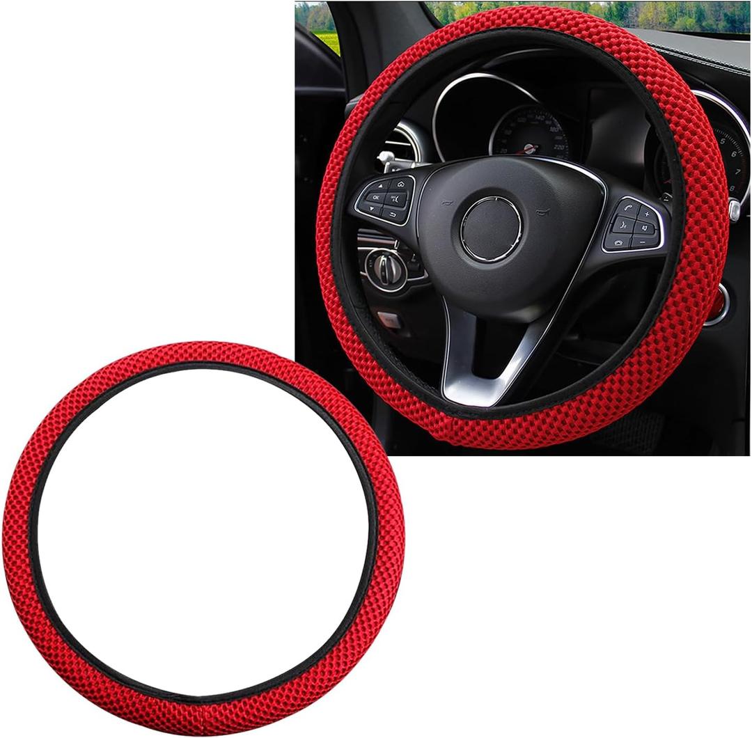 Elastic Steering Wheel Cover, 15"15" Comfy Breathable Stretch Steering Wheel Protector, Ice-Silk Cloth Polyester Steering Wheel Cover for Men Women, Car Accessories (Red)