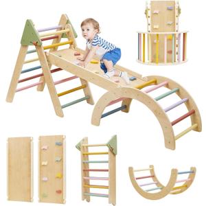 Foldable Pikler Triangle Climbing Set Wooden 7 in 1 Montessori Climber Toys for Toddlers 1-3 Baby Jungle Gym Indoor Slide Playground with Ramp/ Arch/ Ladder Large Kids Activity Center Boy & Girl Gift