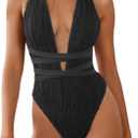 ZAFUL Women's One Piece Swimsuit Deep V Neck Ribbed Self Tie Sexy High Cut Bathing Suit Crisscross Back Swimwear (Black) S