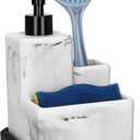 Soap Dispenser with Sponge Holder and Brush Holder,White Marble 3 in 1 Liquid Hand Dish Soap Dispenser and Sponge Holder Sink Caddy Organizer for Kitchen Bathroom,Removable Bottom Tray