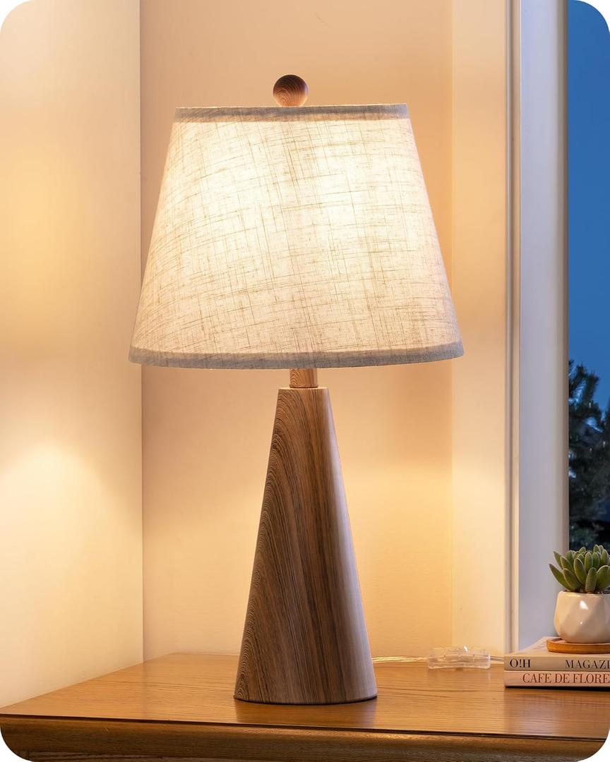 EDISHINE 21.85" Farmhouse Table Lamp, Rustic Bedside Lamp, Water Transfer Walnut Wood Grain Metal Base, Beige Linen Shade, Minimalist Nightstand Light for Living Room, Bedroom, Office, E26 Base
