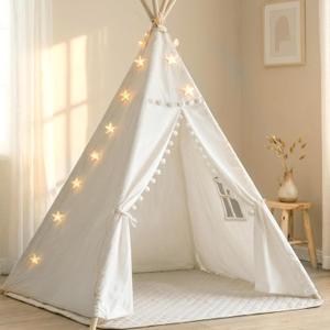 Teepee Tent with Starry Lights, Ground Mat and Pockets, Kids Teepee Tents for Indoor & Outdoor Use, Foldable Play Tents for Boys & Girls, Washable Toddler Play Tent for Birthdays & Holidays, 47.3 X 48.4 X 59 Inches