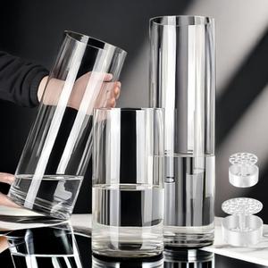 3 Large Acrylic Clear Cylinder Vase Set with 2 Spiral Ikebana Stem Holder Ring, Unbreakable Tall Plastic Hurricane Vases for Wedding Centerpieces Flower Bouquet Decor (3 Vases + 2 Holder) (Diameter 3.95 in * H 11.85 in)