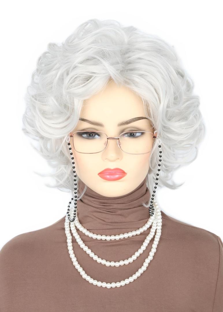 Topcosplay 5pcs Set White Old Lady Wig and Accessories Short Curly Granny Costume Wig Grandma wig Halloween Party Wigs