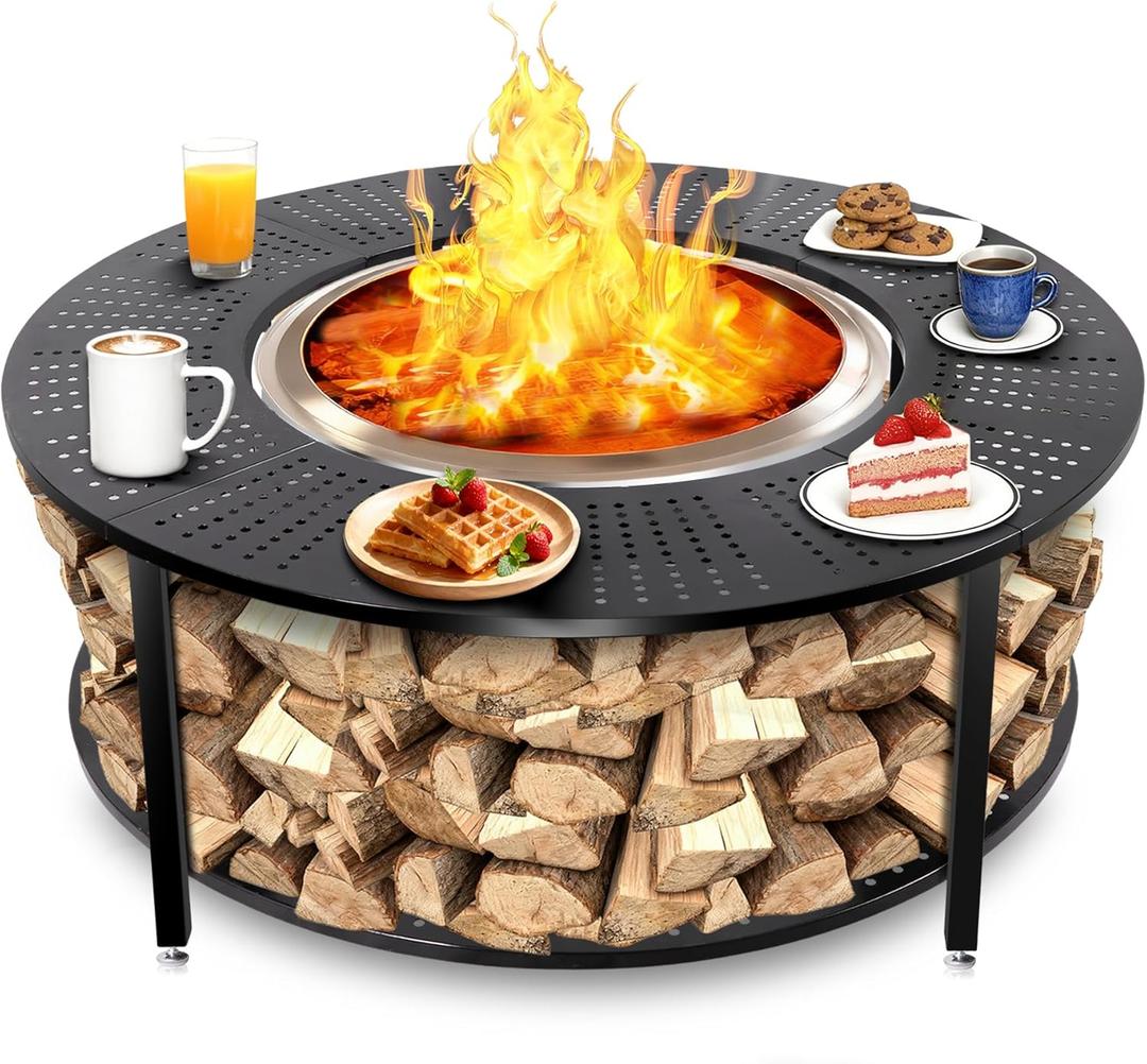 48.5 Inch Universal Fire Pit Surround Tabletop for Solo Stove Yukon & Tiki 27.5, Outdoor Patio Stand with Firewood Storage Shelf, Heavy Duty Steel, 200LB Capacity