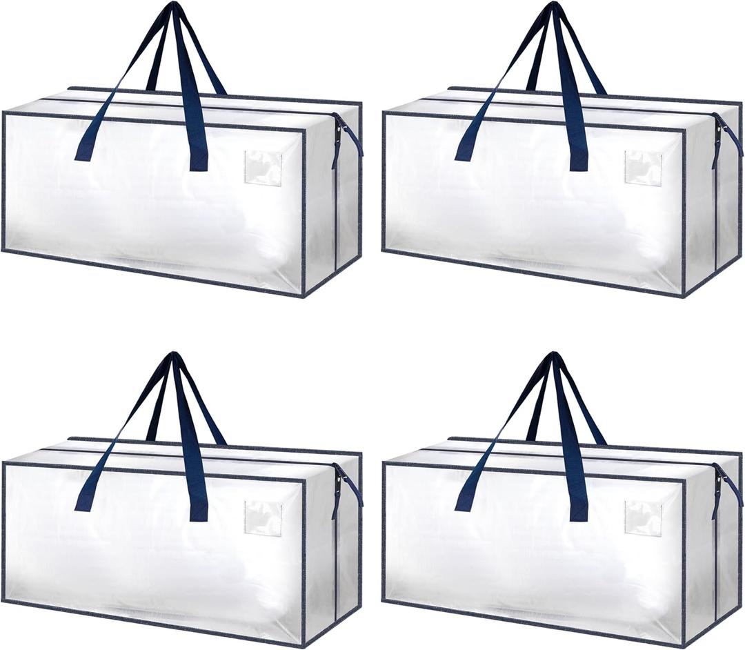 HealSmart 4 Pack Extra Large Moving Bags with Zippers & Carrying Handles, Heavy-Duty Storage Tote Moving Boxes for Dorm Room Essentials Storage Bags, Clear