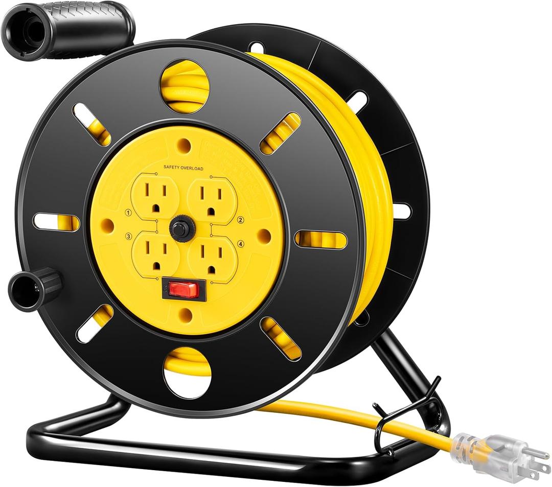DEWENWILS Retractable Extension Cord Reel, 80FT Heavy Duty Open Cord Reel for Indoor Outdoor, 14/3 AWG SJTW, 4 Grounded Outlets, 13 Amp Circuit Breaker,Handle Rewind, Metal Stand, ETL Listed (Yellow)