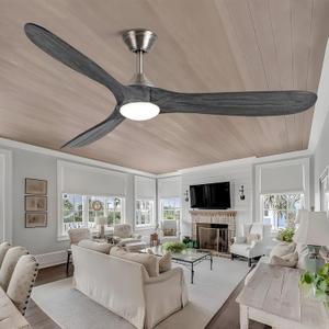Outdoor Ceiling Fan with Light, 60 inch Ceiling Fan with Light and Remote, Modern Wood Ceiling Fans, Reversible Quiet DC Motor, High CFM, Dimmable Ceiling Fans for Indoor/Outdoor Nickel+Gray
