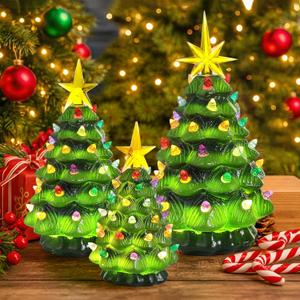 Set of 3 Lighted Resin Christmas Tree Figurine, 11''/7.4''/4.4'' Large Christmas Tree Tabletop Decorations with Multi-Color Lights Battery Operated Xmas Decor for Tables Mantel Holiday