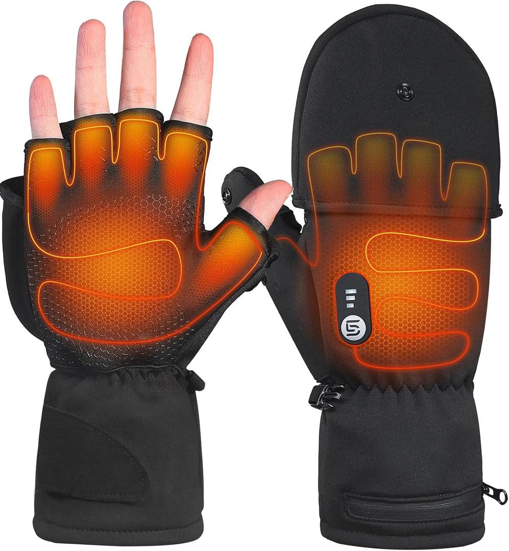 Heated Gloves for Men Women Rechargeable with 7.4V 3000mAh Battery Waterproof Fingless Heated Mittens for Winter Work Typing with Light-Off Design (Medium)