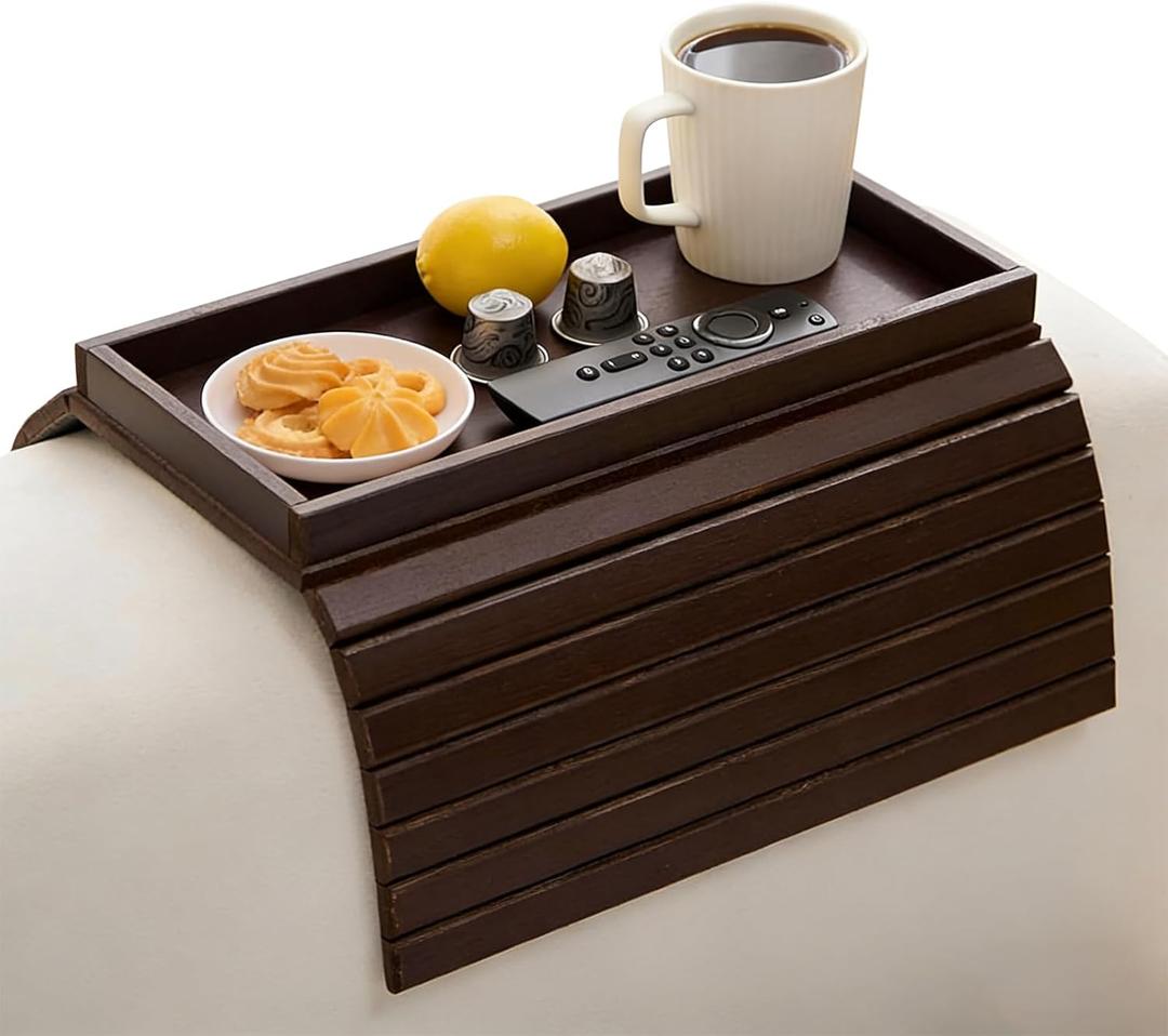 Bamboo Sofa Arm Tray Table, Foldable Couch Arm Tray Side Table, Anti-Falling Armrest Tables Cup Holder for Snacks, Couch Armrest Organizer, Serving Tray for Snacks and Drinks (Brown)