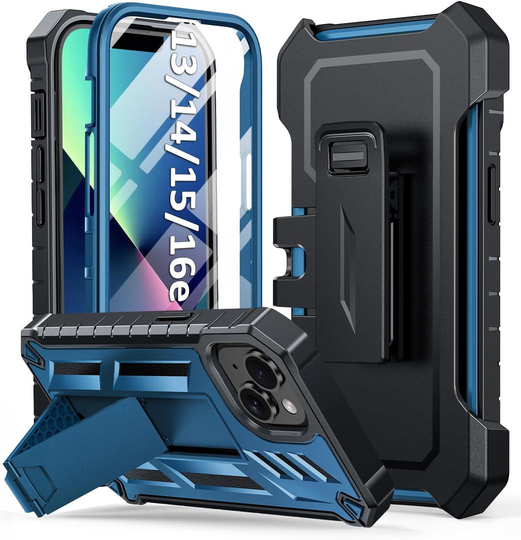 for iPhone 13/14/15 Phone Case: for iPhone 16e Protective Cover with Belt Clip Holster | Durable DualLayer Design with Builtin Kickstand | Heavy Duty Military Grade Hard Protection Shock Proof