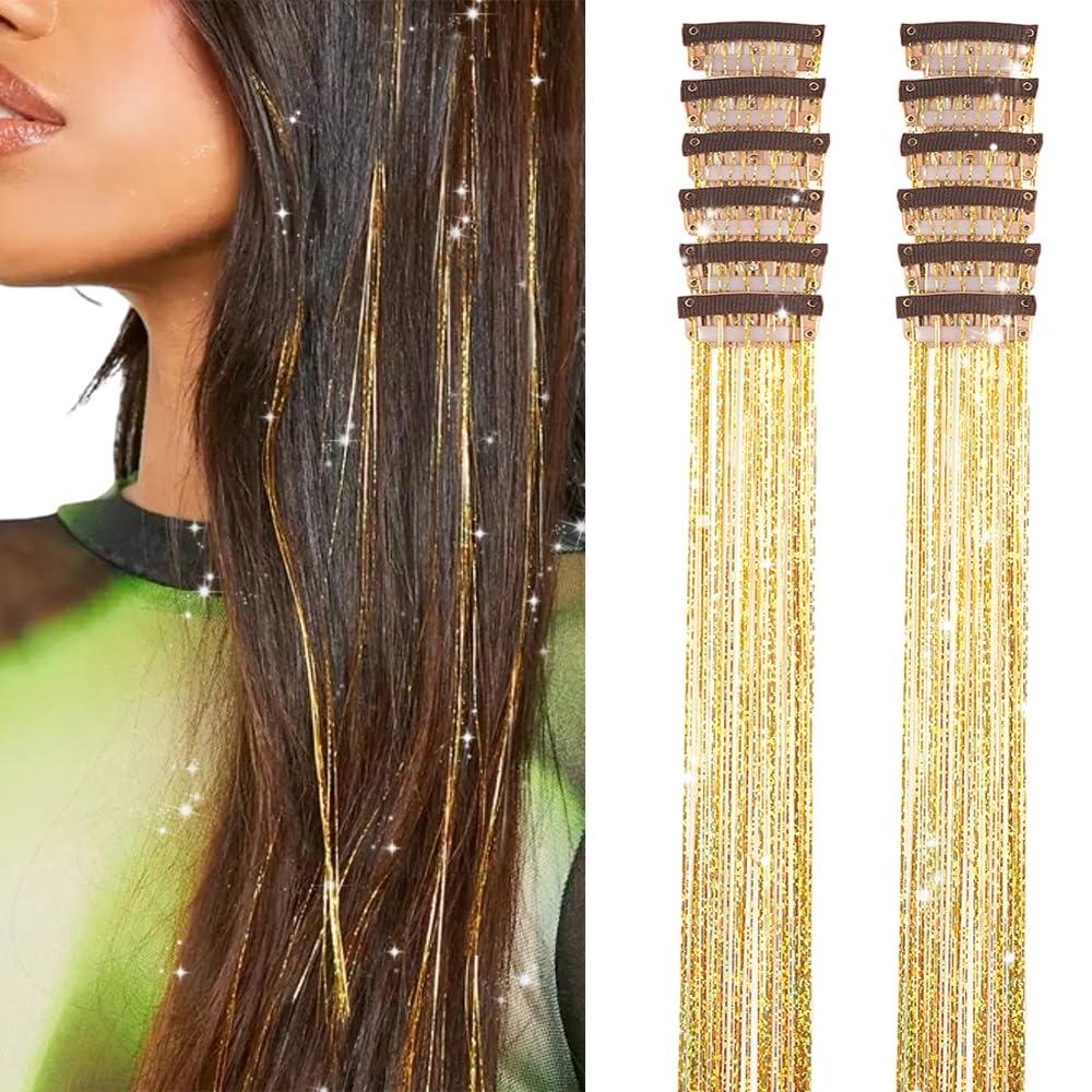Gold Hair Tinsel Pack of 12 Pcs Clip in Hair Tinsel 20 Inch Glitter Tinsel Hair Extensions, Festival Tinsel Fairy Hair Extension Party Dazzle Hair Accessories Strands Kit (12Pcs,Gold#)