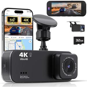 Lensuge  Dash Camera for Cars, 4K Ultra HD Dash Cam Front and Rear, Dash Cam with App Control, 32GB Card, Built-in Wi-Fi & GPS, 3.16”IPS Screen, 170°Wide Angle, WDR, Night Vision, 24H Parking Mode