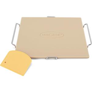 Unicook Pizza Stone for Oven and Grill, 16 x 14 Inch Rectangular Baking Stone for Bread, Cordierite Pizza Pan for Baking Crispy Bread and Cookies, Includes Carry Rack and Dough Scraper