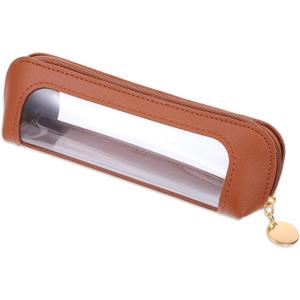 Small Clear Makeup Pouch, PU Leather Makeup Brush Bag Portable Travel Mini Cosmetic Bag Transparent Waterproof Organizer Pouch with Zipper for Women Home Travel Office Cosmetic Storage (Brown)