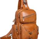 Genuine Leather Sling Bag for Men Large Crossbody Shoulder Bag Casual Sling Backpack Anti-Theft Travel Chest Purse (Tan)